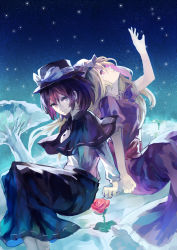 Rule 34 | 2girls, arm support, back-to-back, blonde hair, brown hair, capelet, dress, dress shirt, dutch angle, flower, hand up, hat, hat ribbon, knees up, kotaro-nosuke, leaf, light smile, long hair, long sleeves, looking at viewer, looking up, magical astronomy, maribel hearn, mob cap, multiple girls, night, outdoors, pink eyes, puffy short sleeves, puffy sleeves, red eyes, red rose, ribbon, rose, sash, shirt, short hair, short sleeves, skirt, sky, star (sky), starry sky, thorns, touhou, tree, usami renko