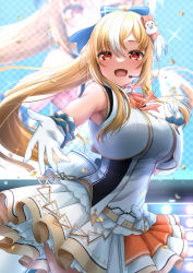 Rule 34 | 1girl, absurdres, bare shoulders, blonde hair, breasts, cowboy shot, dark-skinned female, dark skin, dress, elf, floating hair, gloves, hair between eyes, hair ribbon, headgear, high ponytail, highres, hololive, idol, idol clothes, large breasts, layered skirt, long hair, looking at viewer, microphone, multicolored hair, open mouth, orange eyes, pleated skirt, pointy ears, reaching, reaching towards viewer, ribbon, shiranui flare, short dress, skirt, smile, solo, streaked hair, virtual youtuber, white hair, yudame