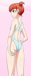 Rule 34 | 10s, 1girl, ass, blush, breasts, brown eyes, brown hair, competition swimsuit, girls und panzer, highres, looking back, mikko (girls und panzer), muchabou, one-piece swimsuit, pink background, simple background, small breasts, solo, swimsuit, white one-piece swimsuit