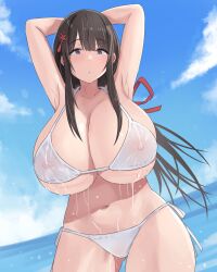 Rule 34 | 1girl, absurdres, armpits, arms behind head, beach, bikini, blush, bow, breasts, brown hair, cameltoe, cleavage, cloud, collarbone, cowboy shot, curvy, dutch angle, hair bow, hair ornament, highres, huge breasts, lactation, lactation through clothes, long hair, looking at viewer, natsuishi nana, navel, nipples, ocean, original, outdoors, parted lips, purple eyes, see-through, sidelocks, solo, standing, swimsuit, thick thighs, thighs, white bikini, wide hips