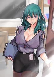 Rule 34 | 1girl, artist name, belt, belt buckle, binder, black belt, black skirt, bow, breasts, buckle, byleth (female) (fire emblem), byleth (fire emblem), chair, chalkboard, classroom, cleavage, closing door, collarbone, desk, door, eyelashes, eyeshadow, fire emblem, fire emblem: three houses, green hair, highres, holding, id card, large breasts, lips, long hair, makeup, nail polish, nintendo, outline, pantyhose, parted lips, pencil skirt, pink eyeshadow, purple nails, purple shirt, shirt, shirt tucked in, skirt, sleeves past elbows, solo, teacher, vialnite, white outline