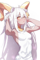 Rule 34 | 1girl, :o, absurdres, adjusting hair, ahoge, animal ears, arknights, armpits, arms up, bare arms, bare shoulders, beeswax (arknights), beudelb, breasts, dark-skinned female, dark skin, dress, goat ears, goat girl, goat horns, gold collar, gold horns, hand in own hair, hands in hair, highres, horns, long hair, looking at viewer, open mouth, sideboob, sidelocks, simple background, skin tight, small breasts, solo, upper body, very long hair, white background, white dress, white hair, yellow eyes