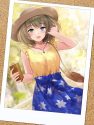 Rule 34 | 1girl, :d, arm up, bag, beige headwear, blue eyes, blue shirt, blurry, blurry background, breasts, brown hat, commission, cup, disposable cup, drawing (object), floral print, frilled shirt, frills, green eyes, green hair, hand in own hair, handbag, hat, heterochromia, highres, holding, holding cup, idolmaster, idolmaster cinderella girls, kirifrog, light particles, looking at viewer, medium breasts, medium hair, mole, mole under eye, open mouth, shirt, skeb commission, sleeveless, sleeveless shirt, smile, solo, sun hat, takagaki kaede, vine print, watch, yellow shirt