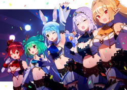 Rule 34 | 5girls, :d, ;d, animal ear fluff, animal ears, arm up, armpits, ascot, blonde hair, blue ascot, blue hair, braid, breasts, carrot hair ornament, closed eyes, commentary request, detached sleeves, double bun, elbow gloves, flat chest, food-themed hair ornament, gloves, green hair, hair between eyes, hair bun, hair ornament, hat, highres, hololive, hololive fantasy, houshou marine, large breasts, long hair, long sleeves, looking away, medium breasts, mini hat, multicolored hair, multiple girls, navel, one eye closed, open mouth, orange ascot, pointy ears, ponytail, rabbit ears, red ascot, red eyes, red hair, shiranui flare, shirogane noel, short eyebrows, short hair, signature, simple background, skirt, small breasts, smile, stomach, striped, sweat, teeth, thick eyebrows, tiara, twin braids, twintails, two-tone hair, upper teeth only, uruha rushia, usada pekora, virtual youtuber, white gloves, white hair, white skirt, wrist cuffs, zenshin
