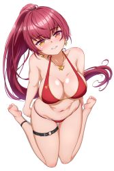 Rule 34 | 1girl, absurdres, barefoot, bikini, blush, breasts, cleavage, earrings, head tilt, heterochromia, highres, hololive, houshou marine, houshou marine (summer), jewelry, large breasts, long hair, looking at viewer, navel, o-ring, o-ring thigh strap, p-nekoe, ponytail, red bikini, red eyes, red hair, sitting, soles, solo, swimsuit, thigh strap, very long hair, virtual youtuber, wariza, yellow eyes