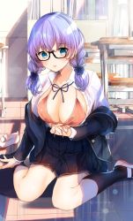 Rule 34 | 1girl, artist name, black-framed eyewear, black jacket, black skirt, black socks, blazer, blue bow, blue eyes, blue ribbon, blush, book, bow, bra, bra pull, braid, breasts, buttons, classroom, cleavage, clothes down, clothes pull, collarbone, collared shirt, commentary request, crossed bangs, curtains, day, desk, dress shirt, embarrassed, eyelashes, fingernails, front-tie top, glasses, hair bow, halterneck, highres, indoors, jacket, large breasts, light particles, light rays, long hair, long sleeves, looking at viewer, nail polish, neck ribbon, on floor, open clothes, open jacket, orange bra, orange nails, original, parted lips, pleated skirt, purple hair, ribbon, school desk, school uniform, semi-rimless eyewear, shiny skin, shirt, shoes, single shoe, sitting, skirt, socks, solo, string bra, twin braids, unbuttoned, unbuttoned shirt, under-rim eyewear, underwear, uniform, uwabaki, wariza, white shirt, wing collar, yu yu