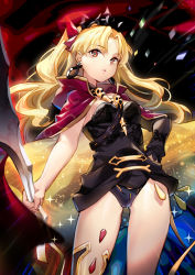 Rule 34 | 1girl, backlighting, between breasts, black leotard, black thighhighs, blonde hair, blue pupils, bow, breasts, capelet, closed eyes, contrapposto, cowboy shot, detached sleeves, earrings, ereshkigal (fate), fate/grand order, fate (series), hair bow, hand on own hip, highres, holding, infinity symbol, jewelry, leotard, long hair, long sleeves, looking at viewer, medium breasts, motion blur, parted bangs, parted lips, pink bow, pink capelet, red eyes, sheska xue, single detached sleeve, single thighhigh, skull, solo, sparkle, spine, standing, strap between breasts, thighhighs, tiara, tohsaka rin, two side up, very long hair