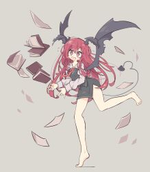 Rule 34 | 1girl, :o, @ @, absurdres, ahoge, barefoot, bat wings, black skirt, black vest, black wings, blush stickers, book, collared shirt, demon tail, dress shirt, dropping, flying sweatdrops, full body, grey background, hair between eyes, head wings, highres, koakuma, messy hair, necktie, open book, open mouth, paper, primsla, red eyes, red hair, red necktie, shirt, side slit, sidelocks, simple background, skirt, skirt set, solo, standing, standing on one leg, tail, tears, tiptoes, touhou, vest, wavy mouth, white shirt, wing collar, wings