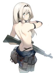 1girl an-94 an-94_(girls&#039;_frontline) aqua_eyes assault_rifle bandaid bandaid_on_cheek bandaid_on_face barcode barcode_tattoo black_hairband blonde_hair commentary coteri english_commentary from_behind girls&#039;_frontline gun hairband hand_on_own_neck hand_up highleg highleg_panties highres holding holding_gun holding_weapon long_hair looking_at_viewer looking_back panties pouch rifle simple_background solo tattoo topless underwear weapon white_background