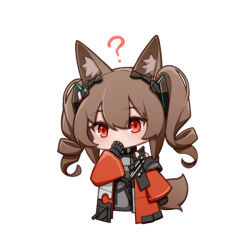 Rule 34 | 1girl, ?, angelina (arknights), angelina (endfield) (arknights), animal ears, arknights, arknights: endfield, black gloves, blush, chibi, coat, covering own mouth, fox ears, fox girl, fox tail, gloves, long hair, long sleeves, lxjun 09, open clothes, open coat, orange coat, red eyes, simple background, solo, tail, twintails, upper body, white background