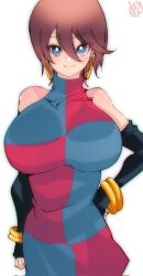 Rule 34 | 1girl, android 21, bare shoulders, blue eyes, bracelet, breasts, brown hair, checkered clothes, detached sleeves, dragon ball, dragon ball fighterz, earrings, female focus, highres, hoop earrings, huge breasts, jewelry, kinakomochi (user vedc2333), large breasts, looking at viewer, short hair, tagme