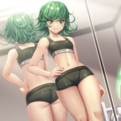 Rule 34 | 1girl, asisuki, ass, black shorts, black sports bra, blush, breasts, closed mouth, collarbone, covered erect nipples, crop top, curly hair, green eyes, green hair, hand on own hip, highres, mirror, navel, reflection, short hair, shorts, small breasts, smile, solo, sports bra, standing, tatsumaki