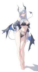 Rule 34 | 1girl, absurdres, ahoge, bare shoulders, barefoot, black bra, black garter belt, black horns, black panties, black wings, blue wings, bra, breasts, closed mouth, clothes lift, collared shirt, commentary, demon girl, demon horns, demon wings, full body, garter belt, grey eyes, hands on own hips, highres, horns, large breasts, long hair, looking at viewer, low wings, navel, nekojira, no pants, original, panties, pointy ears, shirt, shirt lift, simple background, solo, standing, symbol-only commentary, thea (nekojira), thighs, toes, two-tone wings, underwear, white background, white hair, white shirt, wings