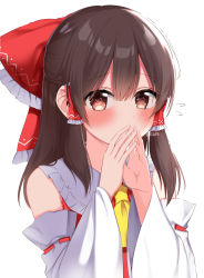 Rule 34 | 1girl, absurdres, ascot, bare shoulders, blush, bow, brown eyes, brown hair, closed mouth, collared dress, covering own mouth, detached sleeves, dress, flying sweatdrops, frills, hair between eyes, hair ornament, hair tubes, hakurei reimu, hands up, heart, heart-shaped pupils, highres, long sleeves, medium hair, own hands together, red bow, red dress, shinonome asu, simple background, solo, symbol-shaped pupils, touhou, twitter username, upper body, white background, wide sleeves, yellow ascot
