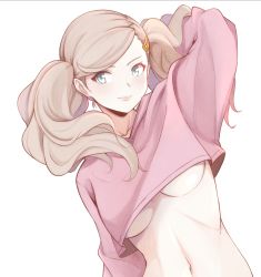 Rule 34 | 1girl, arm up, blonde hair, blue eyes, breasts, commission, crop top, eyebrows hidden by hair, highres, long sleeves, looking at viewer, medium breasts, midriff, navel, persona, persona 5, senacolada, simple background, solo, stomach, swept bangs, takamaki anne, twintails, underboob, upper body, white background