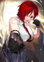 Rule 34 | 1girl, black gloves, breasts, eyes visible through hair, gloves, hair between eyes, hand up, highres, large breasts, necktie, one eye closed, otsudou, pants, punching, red eyes, red hair, red necktie, short hair, sleeveless, snk, solo, the king of fighters, vanessa (kof)