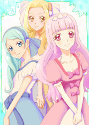 Rule 34 | 3girls, amawa kazuhiro, blonde hair, blue dress, blue eyes, blue hair, border, bow, chieri (go! princess precure), commentary request, dress, go! princess precure, highres, long hair, multiple girls, official style, parted bangs, pink bow, pink dress, pink eyes, pink hair, precure, sei (go! princess precure), simple background, smile, v arms, yellow eyes, yura (go! princess precure)