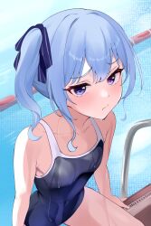 Rule 34 | 1girl, absurdres, alternate costume, alternate eye color, blue eyes, blue hair, blue one-piece swimsuit, blue ribbon, blush, breasts, covered navel, fawny, frown, hair ribbon, heterochromia, highres, hololive, hoshimachi suisei, looking at viewer, one-piece swimsuit, pool, purple eyes, ribbon, school swimsuit, side ponytail, sitting, small breasts, solo, star (symbol), star in eye, swimsuit, symbol in eye, variant set, virtual youtuber, wet, wet clothes, wet swimsuit