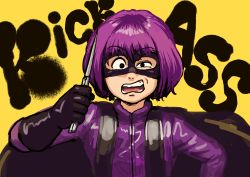 Rule 34 | 1girl, absurdres, balisong, black cape, black eyes, black gloves, blue jacket, bob cut, cape, chanta (ayatakaoisii), copyright name, gloves, half-closed eye, highres, hit-girl, holding, holding knife, jacket, kick-ass, knife, long hair, long sleeves, looking at viewer, mask, open mouth, purple hair, short hair, solo, yellow background