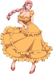 Rule 34 | 1girl, absurdres, arm behind back, bare arms, braid, braided ponytail, breasts, brown eyes, cleavage, closed mouth, collarbone, commentary, dress, english commentary, floating hair, frilled dress, frills, full body, hair ribbon, high heels, highres, large breasts, long dress, long hair, looking at viewer, official alternate costume, one piece, pink footwear, pink hair, rebecca (one piece), ribbon, simmsy, solo, standing, white background, white ribbon, yellow dress