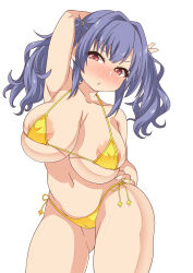 Rule 34 | 1girl, areola slip, arm behind back, arm up, armpits, azur lane, bare arms, bikini, blue hair, blush, breasts, cameltoe, cleavage, cleft of venus, collarbone, contrapposto, cowboy shot, curly hair, embarrassed, eyelashes, full-face blush, hair between eyes, hair intakes, half-closed eyes, hand on own hip, head tilt, highres, iori 4kagetsu, large breasts, long hair, looking at viewer, micro bikini, navel, open mouth, pola (azur lane), red eyes, side-tie bikini bottom, sidelocks, simple background, solo, standing, string bikini, swimsuit, twintails, v-shaped eyebrows, wavy hair, white background, yellow bikini