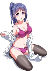 Rule 34 | 1girl, :o, between legs, black thighhighs, blue hair, blush, bra, breasts, cleavage, clenched hand, clothes down, collarbone, commentary request, dress shirt, hand between legs, highres, long hair, looking at viewer, love live!, love live! sunshine!!, matsuura kanan, medium breasts, no pants, open clothes, open shirt, panties, ponytail, purple bra, purple eyes, purple panties, shirt, sitting, solo, thighhighs, underwear, v-shaped eyebrows, white background, white shirt, yopparai oni