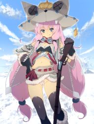 Rule 34 | 1girl, black thighhighs, blush, breasts, cleavage, day, gloves, goggles, goggles around neck, gun, hand on own hip, hat, highres, hokkana, licking lips, long hair, looking at viewer, maebari, midriff, navel, original, outdoors, pink hair, rifle, skirt, small breasts, solo, thighhighs, tongue, tongue out, very long hair, weapon