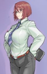 Rule 34 | 00s, 1girl, arms behind back, belt, bespectacled, blush, breasts, brown eyes, brown hair, dress shirt, formal, glasses, large breasts, necktie, aged up, pants, rozen maiden, shirt, solo, souseiseki, tablet pc, tsuda nanafushi