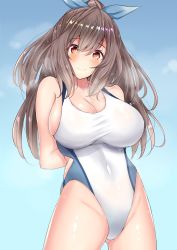 Rule 34 | 1girl, arms behind back, blush, breasts, brown eyes, brown hair, cleavage, commentary request, competition swimsuit, covered navel, hair between eyes, highleg, highleg swimsuit, highres, hip focus, idolmaster, idolmaster shiny colors, large breasts, long hair, looking at viewer, one-piece swimsuit, ponytail, ribbon, sankakusui, smile, solo, swimsuit, thighs, tsukioka kogane, white one-piece swimsuit