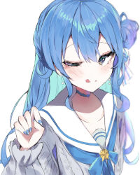 Rule 34 | 1girl, ;q, blue eyes, blue hair, blue nails, blue neckerchief, collarbone, ememo, grey sweater, highres, hololive, hoshimachi suisei, hoshimachi suisei (school uniform), licking lips, long sleeves, looking at viewer, medium hair, nail polish, neckerchief, one eye closed, sailor collar, sailor shirt, shirt, smile, solo, star (symbol), star in eye, sweater, symbol in eye, tongue, tongue out, upper body, virtual youtuber, white sailor collar