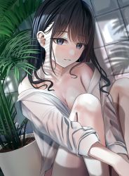 Rule 34 | 1girl, bare shoulders, black hair, blue eyes, blush, breasts, cleavage, collarbone, highres, idolmaster, idolmaster shiny colors, kazano hiori, knees up, long hair, long sleeves, medium breasts, mole, mole under mouth, off shoulder, parted lips, plant, revision, shirt, sitting, smile, solo, turisasu, white shirt