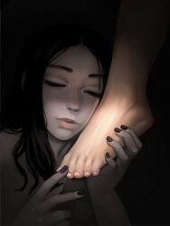 Rule 34 | 2girls, black hair, black nails, closed mouth, completely nude, feet, foot focus, highres, light smile, long hair, multiple girls, nail polish, nude, original, pale skin, parted bangs, telepurte, upper body