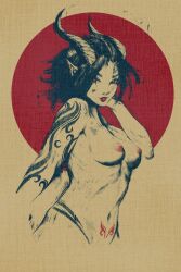 Rule 34 | 1girl, akramness, arm tattoo, black hair, breasts, commentary, highres, horns, medium breasts, navel, nipples, nude, original, pointy ears, pubic tattoo, red eyes, red lips, red sun, short hair, solo, symbol-only commentary, tattoo, upper body