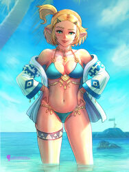 Rule 34 | 1boy, 1girl, absurdres, alternate hairstyle, bare shoulders, bikini, blonde hair, blue bikini, blue sky, breasts, closed mouth, commentary, english commentary, green eyes, hair ornament, hairclip, halterneck, hands on own hips, highres, jacket, jewelry, large breasts, lips, looking at viewer, navel, necklace, nintendo, off shoulder, one side up, outdoors, palm tree, parted bangs, partially submerged, phoenix sensei, pointy ears, princess zelda, rock, short hair, sky, smile, solo focus, standing, string bikini, swimsuit, the legend of zelda, the legend of zelda: tears of the kingdom, thigh strap, tree, wading, watermark, web address, white jacket