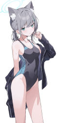 Rule 34 | 1girl, animal ear fluff, animal ears, black jacket, black one-piece swimsuit, blue archive, blue eyes, breasts, competition swimsuit, covered navel, cross hair ornament, extra ears, grey hair, hair ornament, hakasesuitchi, halo, highres, jacket, looking at viewer, medium breasts, medium hair, mismatched pupils, multicolored clothes, multicolored swimsuit, one-piece swimsuit, shiroko (blue archive), shiroko (swimsuit) (blue archive), simple background, solo, standing, swimsuit, white background