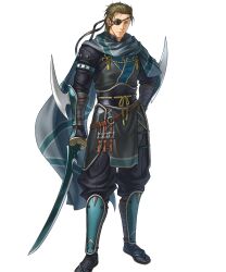 1boy armor brown_hair eyepatch fire_emblem fire_emblem:_radiant_dawn fire_emblem_heroes full_body haar_(fire_emblem) haar_(ninja)_(fire_emblem) hair_slicked_back highres holding holding_sword holding_weapon japanese_armor japanese_clothes kita_senri looking_at_viewer male_focus mature_male ninja nintendo non-web_source official_art solo sword transparent_background waraji weapon