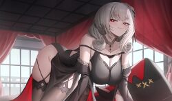 Rule 34 | absurdres, all fours, azur lane, black dress, blush, breasts, bright pupils, cleavage, commentary, curtains, detached sleeves, dress, english commentary, grey hair, highres, indoors, jeze, large breasts, licking lips, long sleeves, looking at viewer, luetzow (azur lane), luetzow (everlasting blood banquet) (azur lane), medium hair, narrowed eyes, skindentation, thighhighs, thighs, tongue, tongue out, white pupils, window