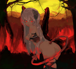 Rule 34 | 1girl, ass, demon, demon tail, horns, looking back, nik ibi, nude, original, red eyes, red theme, solo, tail, thighhighs, torn clothes, torn thighhighs