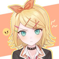 Rule 34 | 1girl, blue eyes, blush, bow, collared shirt, emoji, flipped hair, frown, hair bow, hair ornament, hairclip, highres, jacket, kagamine rin, leo/need (project sekai), leo/need rin, looking at viewer, parted bangs, polka dot, polka dot bow, project sekai, shirt, short hair, solo, studded choker, v-shaped eyebrows, vocaloid, vs0mr