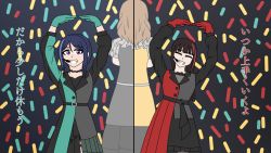Rule 34 | 3girls, alternate hairstyle, aqua hair, arm over head, artist name, artist request, azalea (love live!), belt, black belt, black bow, black choker, black dress, black hair, black hairband, black pants, black shorts, blue hair, blunt bangs, blush, bow, breasts, brown hair, buttons, check translation, choker, cleavage, closed eyes, collarbone, commentary request, curly hair, dress, earrings, female focus, frilled dress, frilled sleeves, frills, gloves, glowstick, green dress, green gloves, grey bow, hair between eyes, hairband, hands over head, high ponytail, highres, himitsu no story (love live!), in the dark (love live!), jewelry, kunikida hanamaru, kurosawa dia, layered skirt, light brown hair, long hair, long sleeves, looking at viewer, love live!, love live! school idol festival, love live! sunshine!!, matsuura kanan, microphone, miniskirt, mole, mole under mouth, multicolored hair, multiple girls, pants, parted lips, plaid, plaid dress, plaid skirt, pleated, pleated dress, pleated skirt, ponytail, purple eyes, red dress, red gloves, short dress, short sleeves, shorts, shorts under dress, shorts under skirt, skirt, smile, teeth, the secret story (love live!), translated, translation request, triangle print, two-tone dress, yellow dress, yellow gloves, yellow hairband