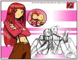 Rule 34 | 1boy, 1girl, animification, back-to-back, charlie brown, couple, cracking knuckles, flat chest, gnaw, hetero, hime cut, inset, little red haired girl, long hair, midriff, navel, parody, peanuts (comic), red eyes, red hair, sketch, style parody, suspenders