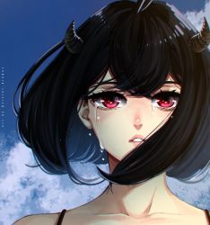 Rule 34 | 1girl, antenna hair, black clover, black hair, blue background, blue sky, crying, crying with eyes open, demon horns, highres, horns, nero (black clover), red eyes, secre swallowtail, sky, solo, tears, victor drawnz