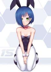 Rule 34 | 10s, 1girl, alternate costume, animal ears, bare arms, bare shoulders, between legs, black hairband, blue hair, bow, bowtie, breasts, caibao return, cleavage, closed mouth, covered navel, darling in the franxx, detached collar, fake animal ears, frown, full body, green eyes, hair ornament, hairband, hairclip, hand between legs, hexagon, highres, ichigo (darling in the franxx), kneeling, leotard, looking at viewer, own hands together, pantyhose, playboy bunny, purple footwear, purple leotard, rabbit ears, rabbit girl, red bow, red bowtie, short hair, small breasts, solo, strapless, strapless leotard, white pantyhose, wrist cuffs