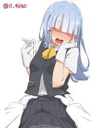 Rule 34 | 1girl, 1other, 4690 (tkpbsk), blue hair, cowboy shot, dress shirt, facing viewer, grey skirt, grey vest, hatsukaze (kancolle), hime cut, kantai collection, neck ribbon, one-hour drawing challenge, open clothes, open mouth, open shirt, pleated skirt, pov, ribbon, school uniform, shaded face, shirt, simple background, skirt, twitter username, vest, white background, white hair, white shirt, yellow neckwear