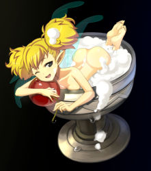Rule 34 | 1girl, ;d, ass, back, barefoot, blonde hair, breast press, caryo, chalice, cherry, collarbone, cup, dragon&#039;s crown, drunk, fairy, fairy wings, foam, food, fruit, grey eyes, in container, in cup, mini person, minigirl, nanashino, nude, one eye closed, open mouth, partially submerged, pointy ears, shadow, smile, soles, solo, tiki (dragon&#039;s crown), twintails, wet, wings, wink