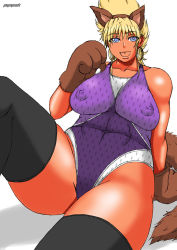 Rule 34 | 1girl, animal ears, animal hands, black thighhighs, blonde hair, blue eyes, breasts, cat ears, cat tail, competition swimsuit, cowboy shot, earrings, facing viewer, fake animal ears, gloves, highres, honoo no toukyuuji: dodge danpei, ichigeki haruka, jewelry, large breasts, leotard, one-piece swimsuit, papepox2, paw gloves, short hair, smile, solo, spiked hair, swimsuit, tail, thighhighs