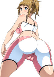 Rule 34 | 10s, 1girl, :o, ass, bare arms, bare shoulders, bike shorts, blue eyes, blush, body blush, breasts, brown hair, cameltoe, cleft of venus, from behind, from below, gundam, gundam build fighters, gundam build fighters try, hair ribbon, hoshino fumina, large breasts, looking at viewer, looking back, looking down, one side up, parted lips, ribbon, satsuki imonet, short hair, sideboob, simple background, solo, spaghetti strap, sportswear, standing, white background