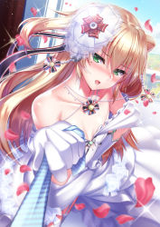 Rule 34 | 1girl, admiral hipper (azur lane), ahoge, azur lane, blonde hair, blue necktie, blue sky, blurry, blurry background, blush, breasts, bridal veil, cloud, collarbone, cross, crying, crying with eyes open, day, dress, elbow gloves, field, floating hair, flower, flower field, gloves, green eyes, hair between eyes, hair ornament, hand on own hip, head tilt, highres, iron cross, ken ill, long hair, looking at viewer, mole, mole under eye, necktie, necktie grab, neckwear grab, off shoulder, open mouth, outdoors, petals, pov, railing, sky, small breasts, solo, sparkle, tearing up, tears, two side up, veil, wedding dress, white dress, white gloves, wind