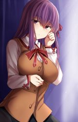 Rule 34 | 1girl, black skirt, blue background, breasts, brown vest, collared shirt, commentary request, fate/stay night, fate (series), hair between eyes, hair ribbon, highres, homurahara academy school uniform, large breasts, long sleeves, matou sakura, neck ribbon, purple eyes, purple hair, red ribbon, ribbon, sabujiroko, school uniform, shirt, skirt, solo, vest, white shirt