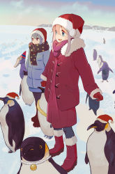 Rule 34 | 2girls, bird, black legwear, black scarf, blue coat, blue eyes, blue hair, boots, christmas, closed mouth, coat, commentary, day, dress, fringe trim, fur-trimmed coat, fur trim, gloves, hat, highres, horizon, kagamihara nadeshiko, long sleeves, looking to the side, lotus36936936, medium dress, multiple girls, open clothes, open coat, open mouth, outdoors, overcast, pantyhose, party hat, penguin, pink hair, print scarf, purple dress, purple eyes, purple scarf, red coat, red footwear, red gloves, red headwear, santa boots, santa hat, scarf, shima rin, sky, smile, snow, standing, star (symbol), star print, symbol-only commentary, yurucamp